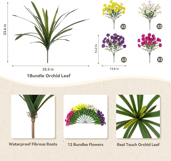 Artificial Flowers for Outdoors Fake Plants Outside, 12 Bundles Silk Morning - Image 2