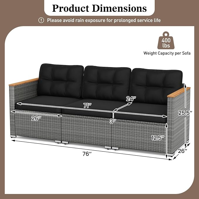 Tangkula 3-Seat Patio Wicker Couch Sofa, Outdoor 3 Seater Rattan Furniture Set - Image 3
