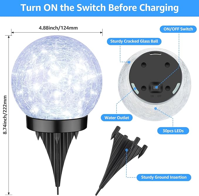 2-Pack Garden Solar Lights Outdoor, Cracked Glass Ball Light Waterproof - Image 8