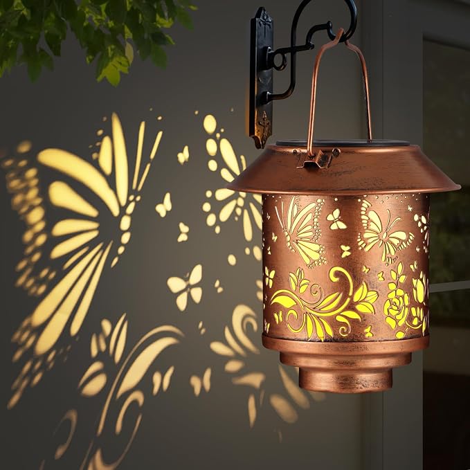 Outdoor Hanging Solar Lantern Waterproof Outside Metal Openwork Butterfly by Unknown