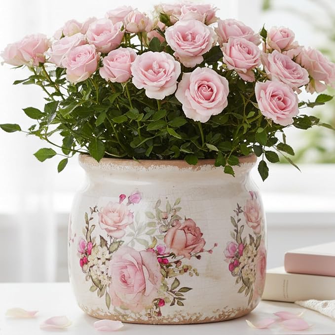 Ceramic Planter for Indoor Plants, 6.29 Inch Rose Pattern Crackle Glaze Flower - Image 2