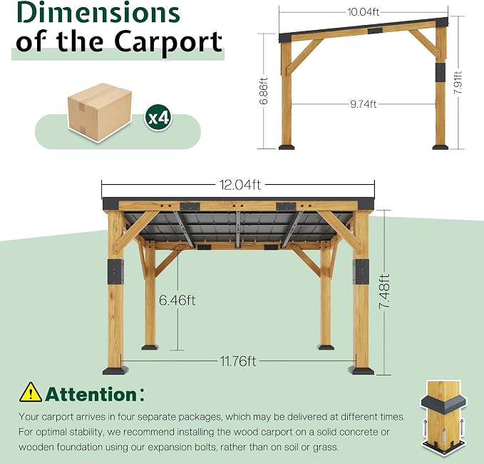 Jocisland 10x12x8 FT Cedar Wood Carport, Heavy Duty Canopy Carport - Image 2