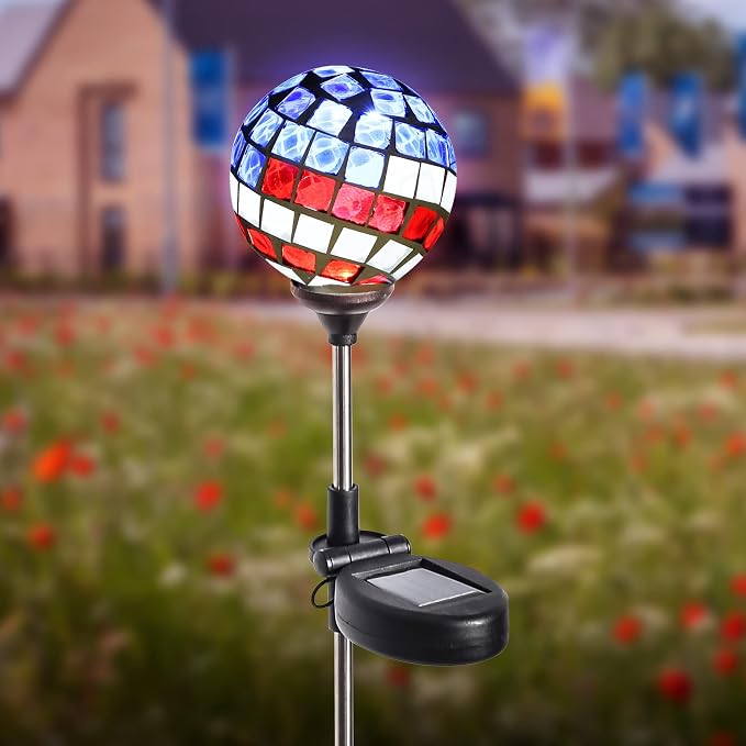 WNP Solar Powered Outdoor Garden Light Stakes Decoration, Mosaic Globe 4th of - Image 5