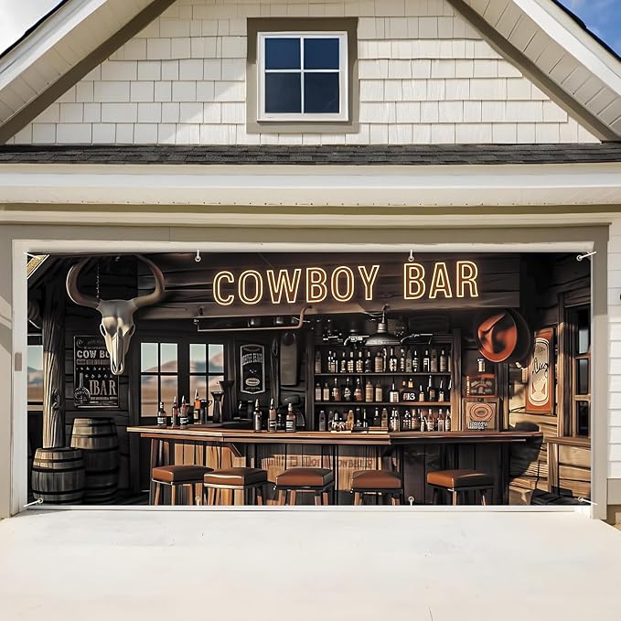 ANNA QUEEN Cowboy Bar Garage Door Banner 6x13FT, Western Saloon Bar Garage Door by ANNAQUEEN