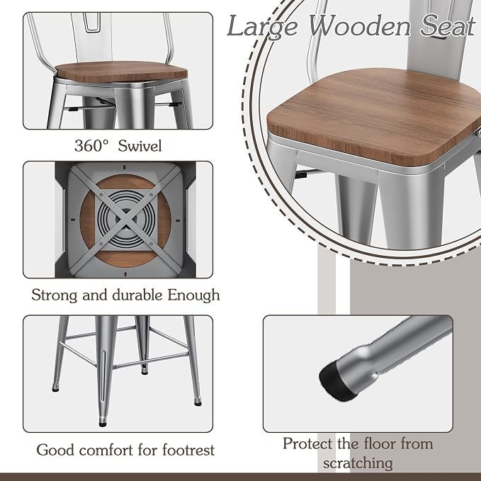 Alunaune 30" Swivel Metal Bar Stools Set of 4 High Back Counter Height - Image 7