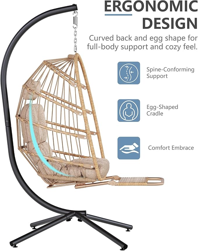 SWITTE Egg Chair Outdoor with Footrest & Stand, Indoor Wicker Hanging Egg Swing - Image 7