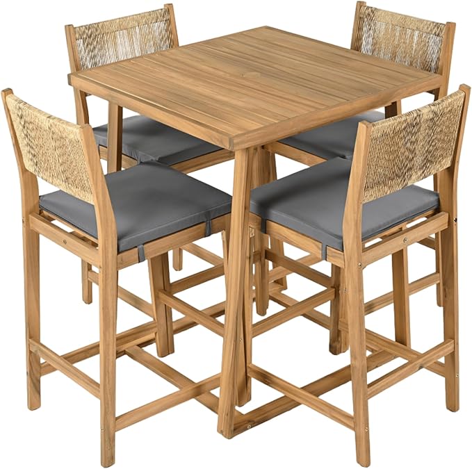 Christopher Knight Home Barron 5-Piece Acacia Wood Patio Bar Set, Patio Bar - Image 4
