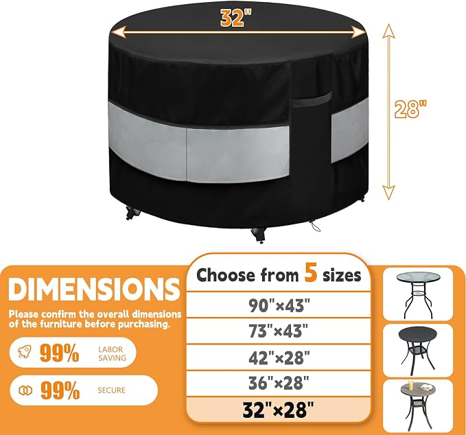 Round Patio Furniture Cover Black Grey Waterproof Up to 10000pa - Image 2