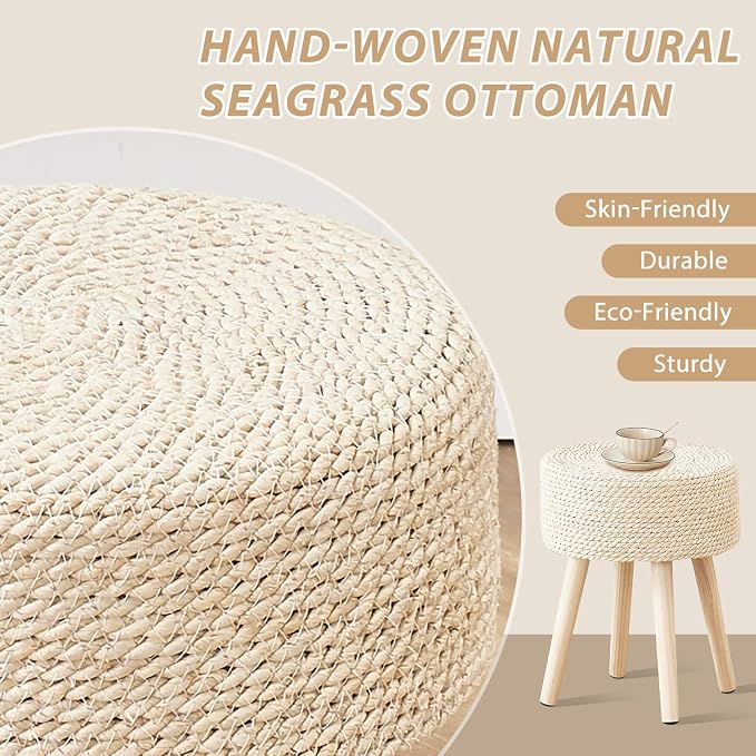 Cpintltr Footstool Ottoman Round Natural Seagrass Foot Stool Pouf Ottomans - Image 4