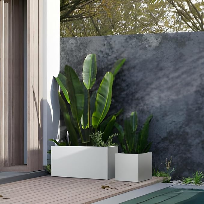 White Steel Planter Rectangular Outdoor Indoor Planter Box Galvanized Steel - Image 6