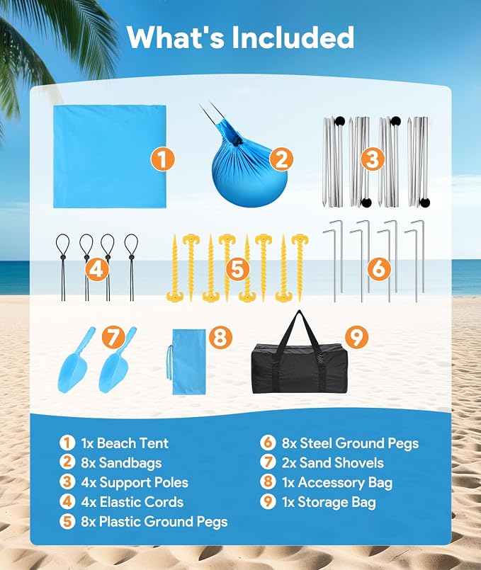 Beach Tent Sun Shelter, 10 x 10 FT Beach Canopy Tent Sun Shade, UPF50+ Tents - Image 6