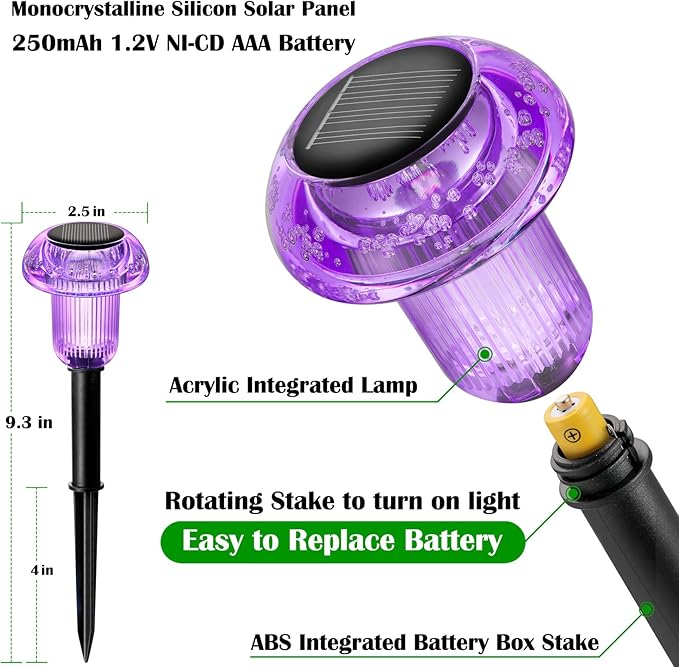 Solar Lights Outdoor Pathway Waterproof 8 Pack Purple LED Acrylic Mushroom - Image 2