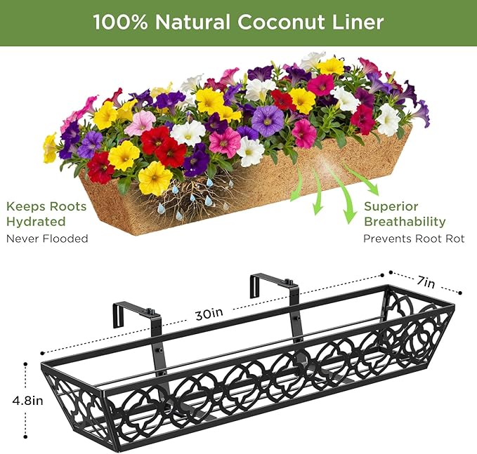 Y&M 30 Inch Window Deck with Coco Liner, Fence Metal Hanging Flower Planter - Image 3