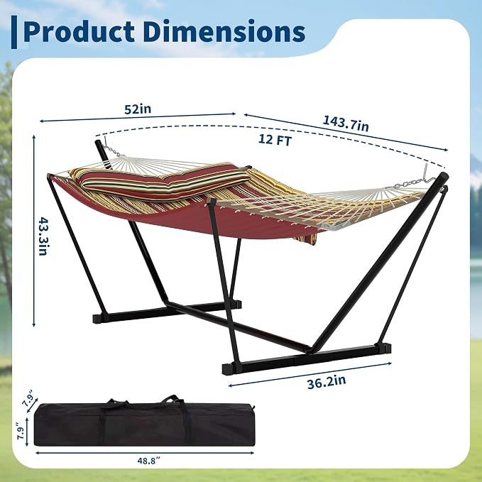 2 Person Double Hammock with Adjustable Steel Stand & Pillow, Heavy Duty - Image 2