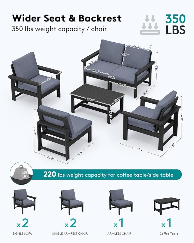 SERWALL HDPE Patio Conversation Set, 6-piece Sectional Outdoor Furniture Set - Image 2