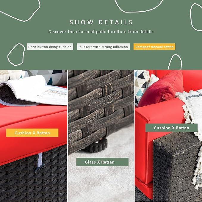 Devoko 2-Piece Modern Red Rattan & Metal Patio Sofa Set - Image 4