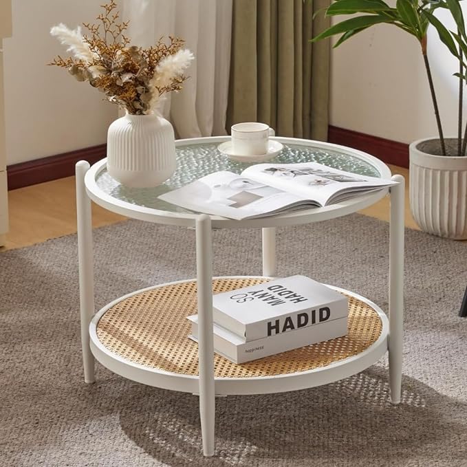 VINGLI 25.6" Coffee Table for Living Room, Round Water-Wave Glass Metal Center by VINGLI
