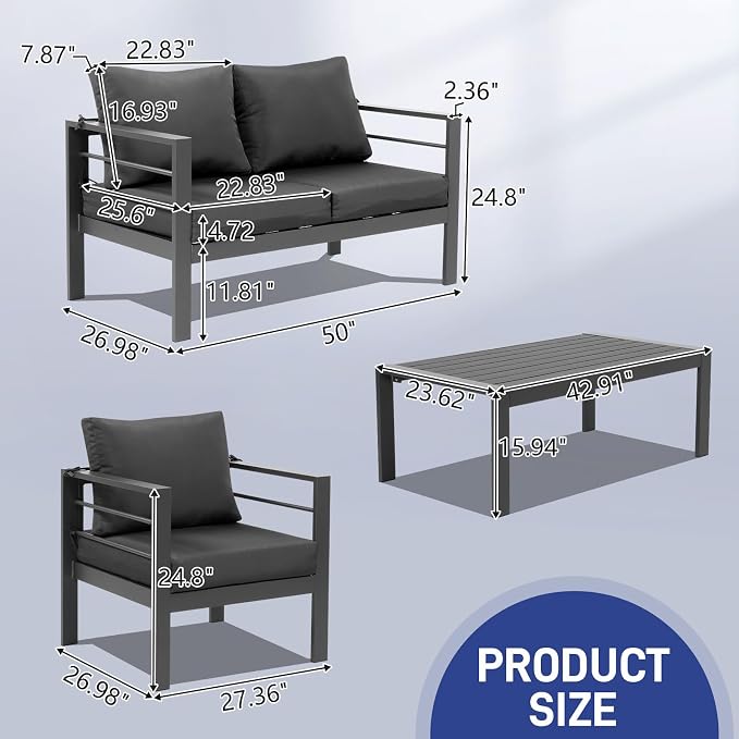 VINGLI 2-Piece Outdoor Patio Furniture Aluminum Love-seat and Coffee Table Set - Image 2