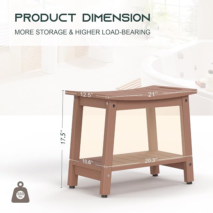Shower Bench for Inside Shower, Teak Brown HDPE Shower Stool Waterproof - Image 2