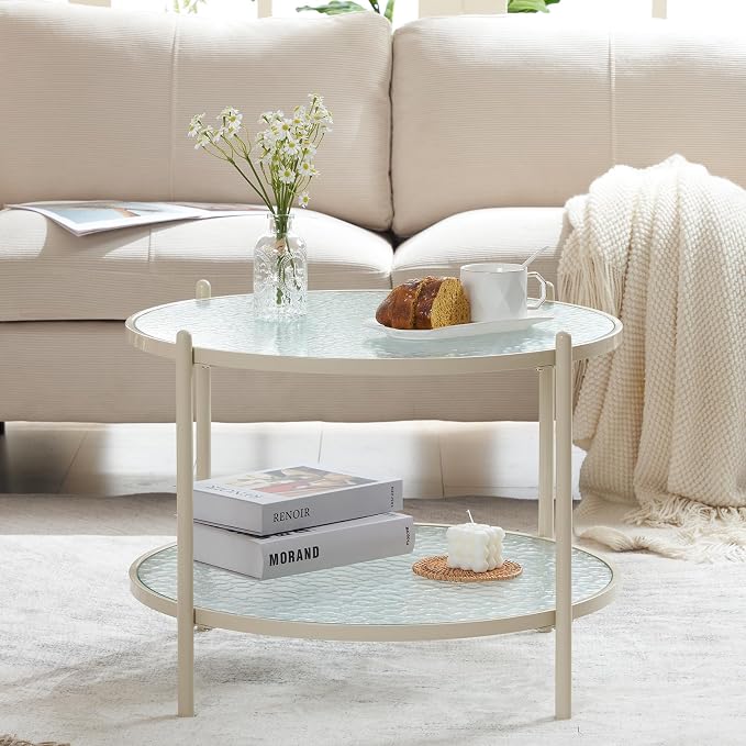 VINGLI 25.6" Small Cream White Round Coffee Table Water-Wave Glass Circle Clear - Image 8