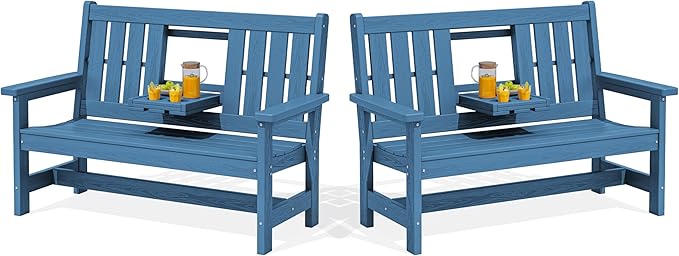SERWALL Outdoor Bench with Cup Holder, All Weather Patio Benches with High by SERWALL