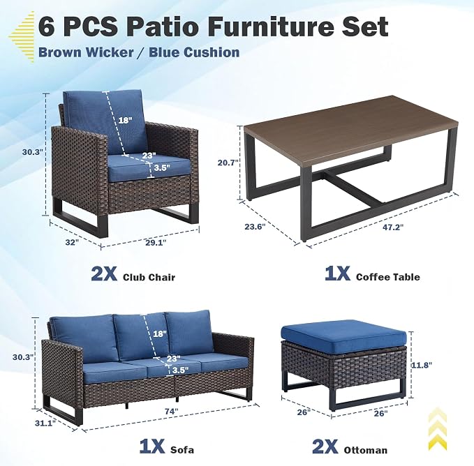 Belord 6 Piece Outdoor Furniture Patio Wicker Sofa Set, Oversize Outdoor Dining - Image 2