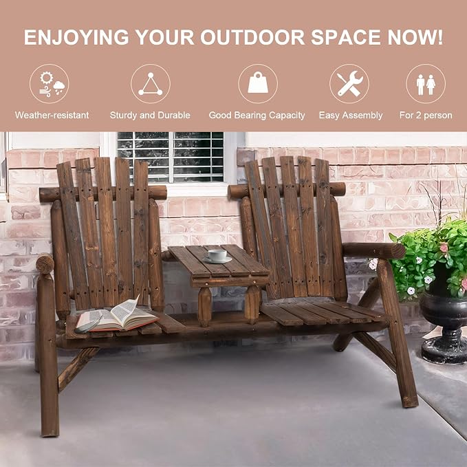 Outsunny 2-Seat Wooden Adirondack Chair, Patio Bench - Image 7