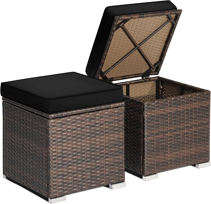 RELAX4LIFE Wicker Outdoor Storage Ottoman, 2-Piece Rattan Footstool w/Removable by RELAX4LIFE