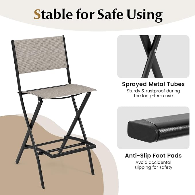 COSTWAY Outdoor Patio Bar Chair Set of 2, Folding Bar Height Stool - Image 6