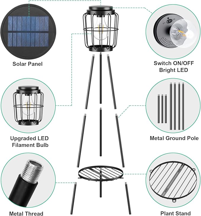 Solar Lights with Plant Stand, Outdoor Floor Lamp, Waterproof Solar LED Edison - Image 7