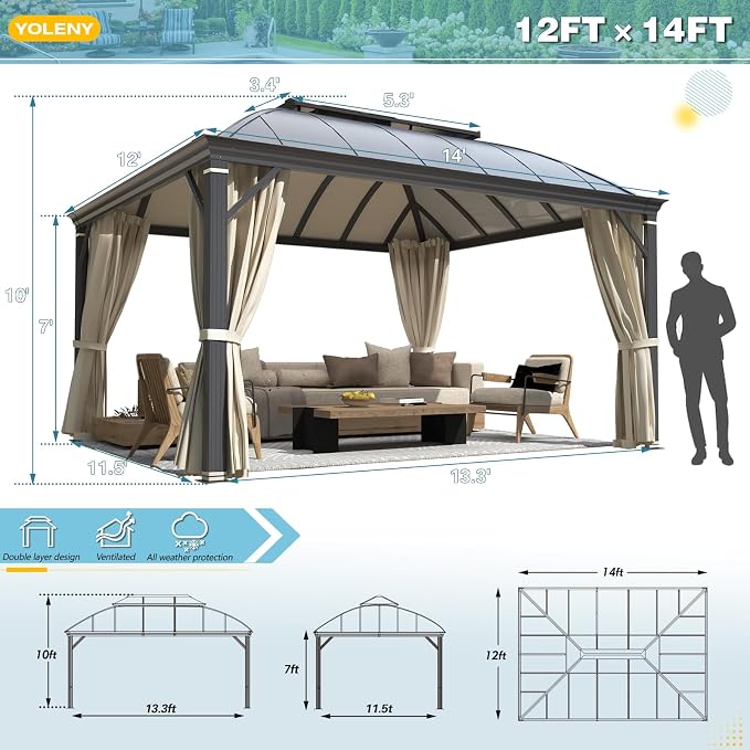 YOLENY 12'x14' Hardtop Gazebo, Permanent Outdoor Aluminum Patio Gazebo - Image 2