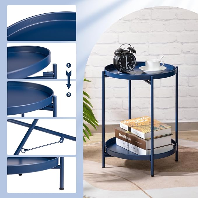 HollyHOME 2-Tier Round Side Table, Outdoor Small Folding Accent Stand - Image 4