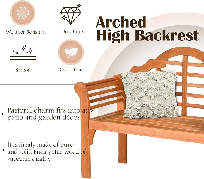 Classic Patio Loveseat Bench, Eucalyptus Wood, 4 FT, Arched Back & Armrests - Image 4