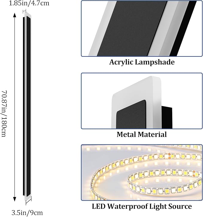 2 Pack 71In Long Outdoor Wall Lights IP65 Waterproof, 50W Black Modern LED - Image 7