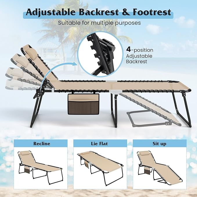 GYMAX Lounge Chair for Outside, 440lbs 27” Oversize Folding Beach Tanning - Image 6
