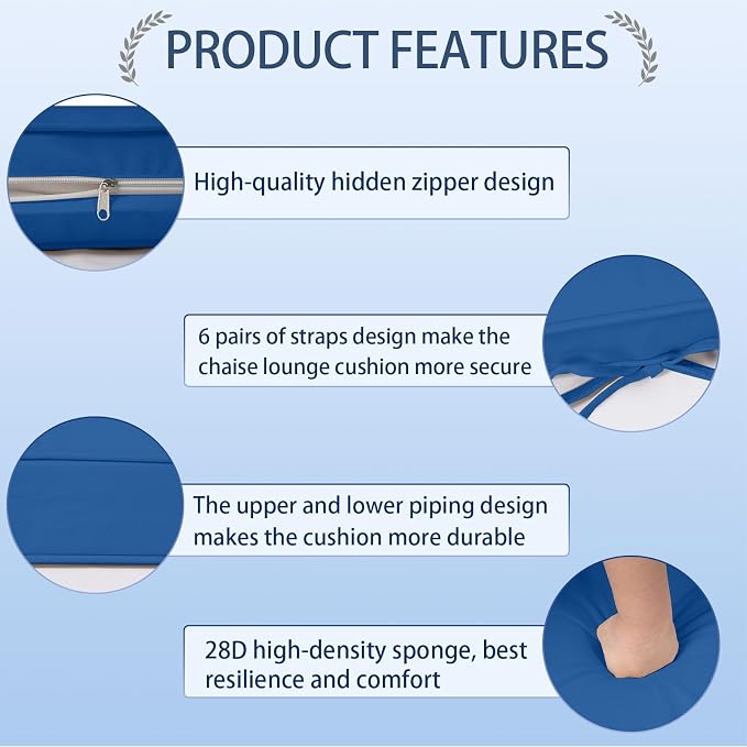 Outdoor Chaise Lounge Cushions Set of 2, Waterproof Fade Resistant Patio - Image 4