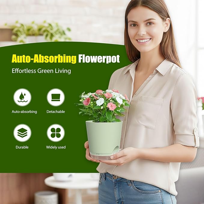 Plant Pots 7 Inch Self Watering Pots, 6 Pack Plastic Planters - Image 2