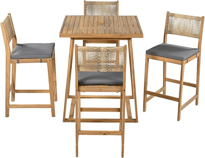 Christopher Knight Home Barron 5-Piece Acacia Wood Patio Bar Set, Patio Bar - Image 5