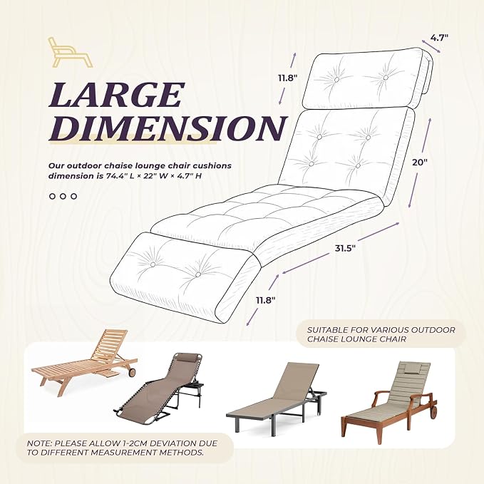 Waterproof Long Lounger Chair Cushion Outdoor Chaise Lounge Chair Cushionswith - Image 2