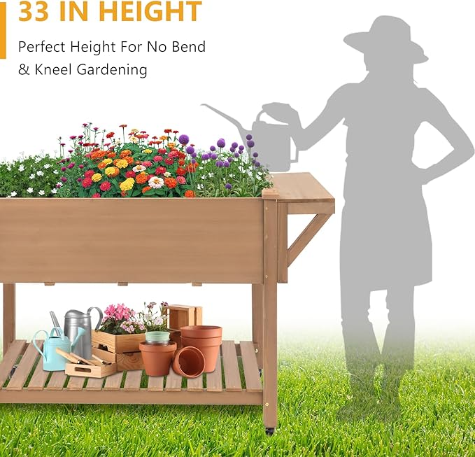 Raised Garden Bed with Lockable Wheels Mobile Elevated Wood Planter, Storage - Image 6