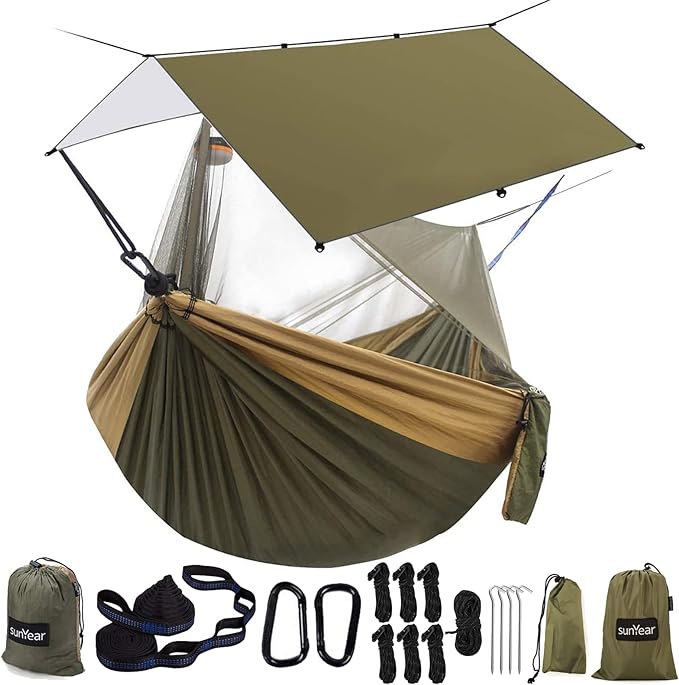 Sunyear Hammock Camping with Rain Fly Tarp and Net, Portable Camping Hammock by SleepSafeSwingFree