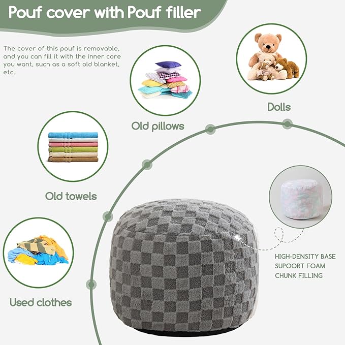 HIGOGOGO Round Stuffed Pouf Ottoman, Plaid Poufs - Image 3