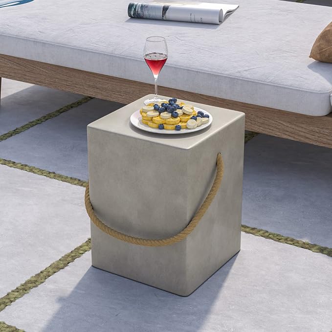 COSIEST Concrete Side Table, Rectangular Outdoor Side Table w Hemp Rope Handles - Image 3