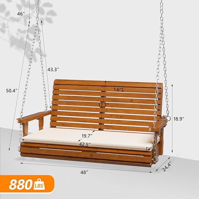 VINGLI Wooden Porch Swing, Heavy Duty 880 LBS Hanging Patio Bench - Image 4