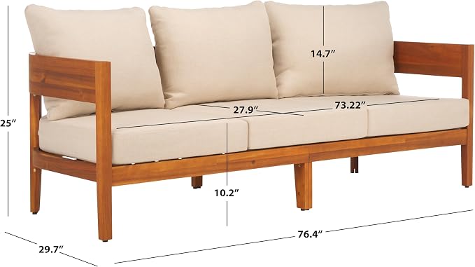 SAFAVIEH Outdoor Collection Theo Natural Teak Solid Wood/Taupe Cushion 3-Seater - Image 3