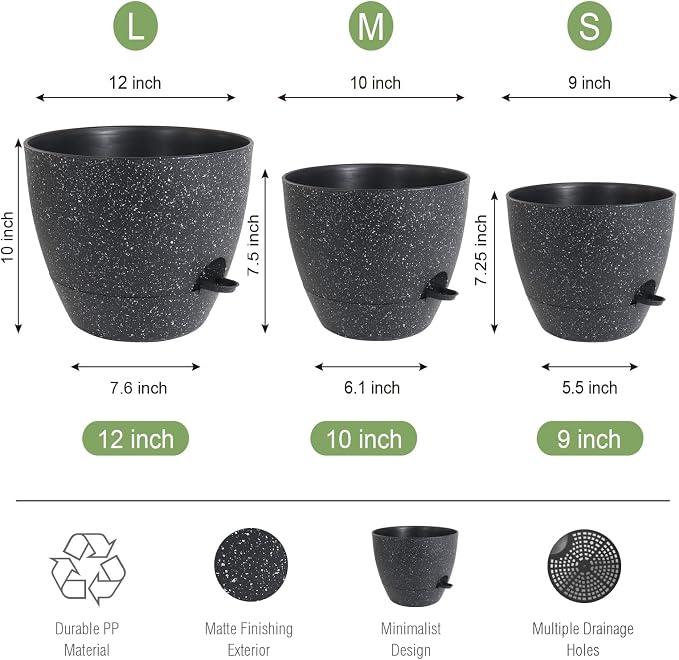 Large Self Watering Pots, 12/10/9 Plastic Planters - Image 2