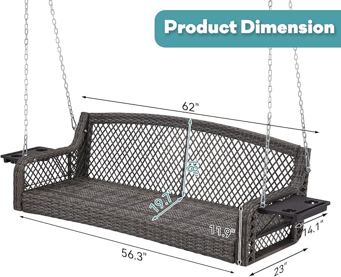 3 Seat Porch Swing, Wicker Patio Swing - Image 7