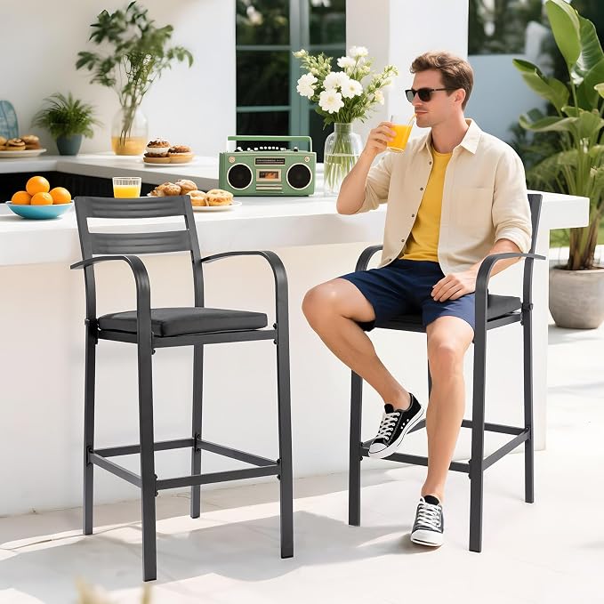 VINGLI Outdoor Bar Stools Set of 2, All-Weather Bar Height Aluminum Stools - Image 2