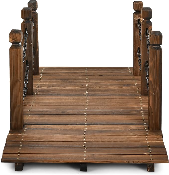 Giantex 5 FT Wooden Garden Bridge, Stained Wood Arc Footbridge - Image 8