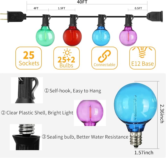40FT LED Outdoor String Lights Waterproof, G40 LED Globe Outdoor Lighting - Image 5